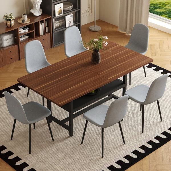 English Elm Table And Chair Set - Stylish Walnut Grain Dining Table With 6 Comfortable Light Gray Chairs W1151S04292-GIGA