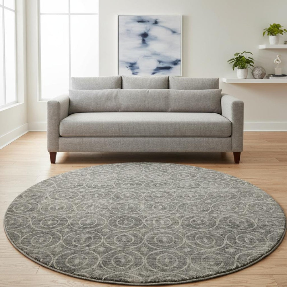HomeRoots 8' X 8' Modern Pewter and Gray Geometric Washable Round Rug – Durable, Stylish, UV Protected Design 691887