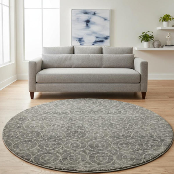 HomeRoots 8' X 8' Modern Pewter and Gray Geometric Washable Round Rug – Durable, Stylish, UV Protected Design 691887