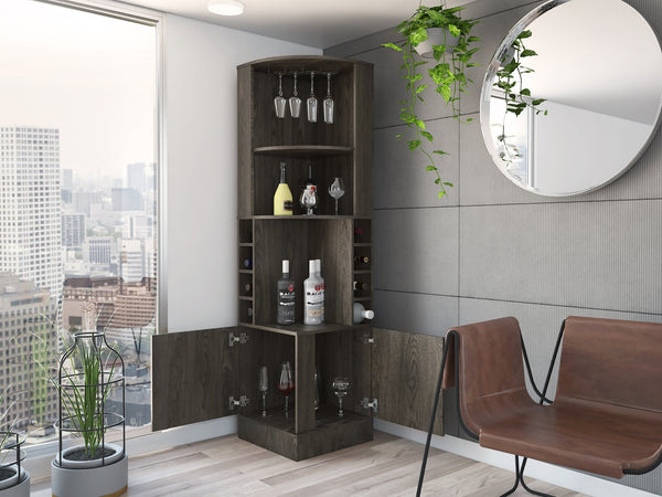 English Elm Seattle Tall Bar Cabinet with Eight Bottle Cubbies Open Shelving and Enclosed Storage B128P322509