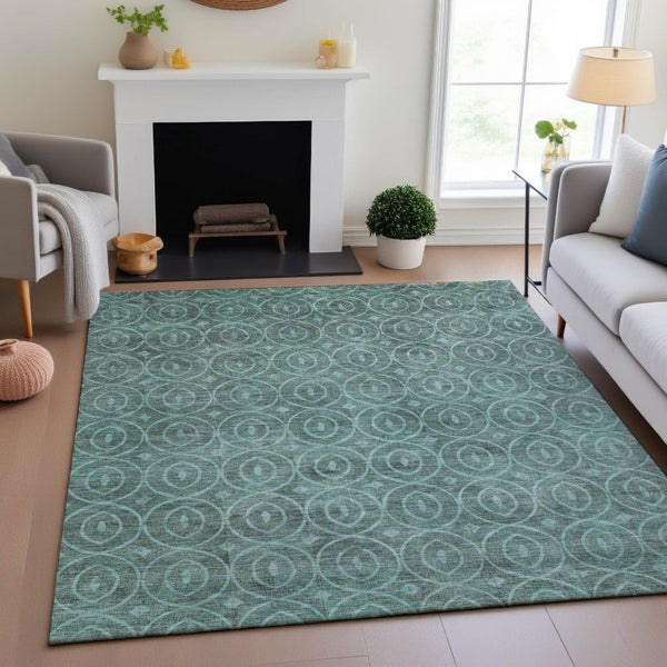 HomeRoots 9' X 12' Teal and Aqua Geometric Washable Area Rug - Durable, UV Resistant, Perfect for Family Homes! 691901