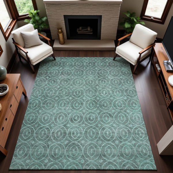 HomeRoots 9' X 12' Teal and Aqua Geometric Washable Area Rug - Durable, UV Resistant, Perfect for Family Homes! 691901