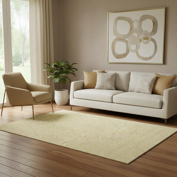 HomeRoots 5' Geometric Area Rug in Wheat & Gold - Washable, UV-Protected, Durable for High-Traffic Spaces 691910