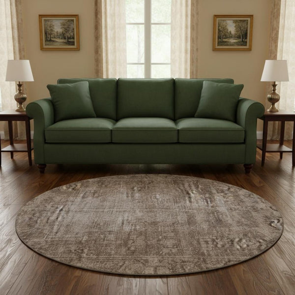 HomeRoots 8' Round Washable Oriental Rug in Brown, Beige & Taupe - UV Protection & Stain Resistant for Homes 691917