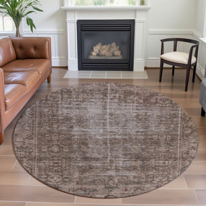 HomeRoots 8' Round Washable Oriental Rug in Brown, Beige & Taupe - UV Protection & Stain Resistant for Homes 691917