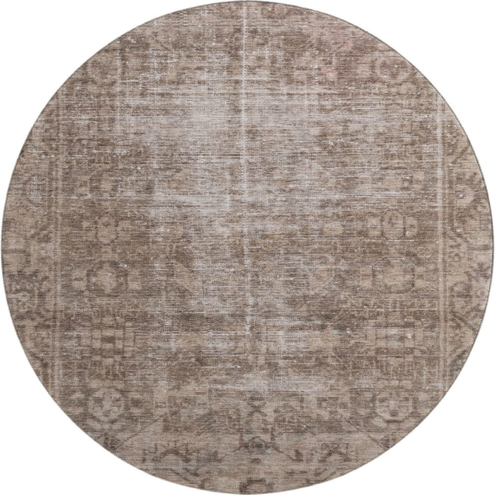 HomeRoots 8' Round Washable Oriental Rug in Brown, Beige & Taupe - UV Protection & Stain Resistant for Homes 691917