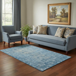 HomeRoots 5' Blue & Silver Oriental Washable Area Rug - UV Protected, Stain-Resistant, Durable for Busy Homes 691922