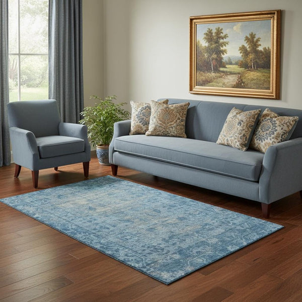 HomeRoots 5' Blue & Silver Oriental Washable Area Rug - UV Protected, Stain-Resistant, Durable for Busy Homes 691922
