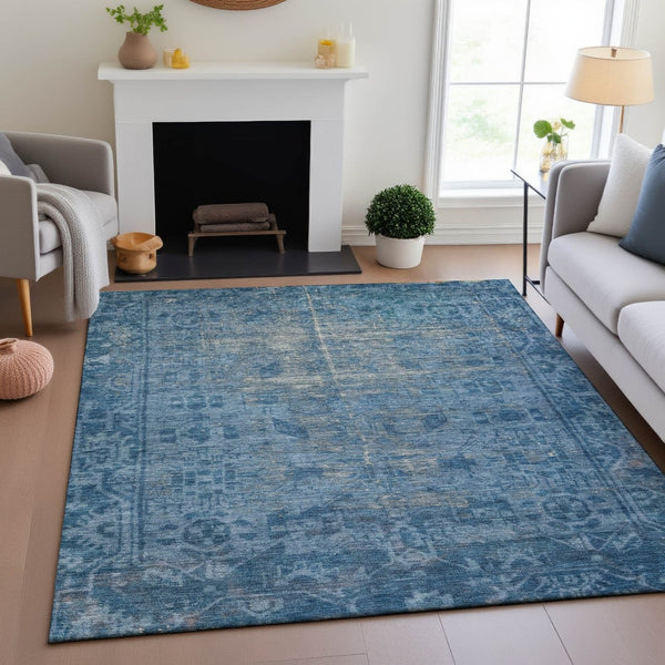 HomeRoots 5' Blue & Silver Oriental Washable Area Rug - UV Protected, Stain-Resistant, Durable for Busy Homes 691922