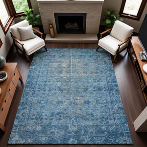 HomeRoots 5' Blue & Silver Oriental Washable Area Rug - UV Protected, Stain-Resistant, Durable for Busy Homes 691922