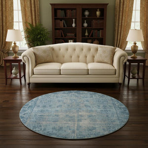 HomeRoots 8' X 8' Blue and Silver Oriental Round Rug - Washable, Stain Resistant, UV Protected for All Spaces 691923