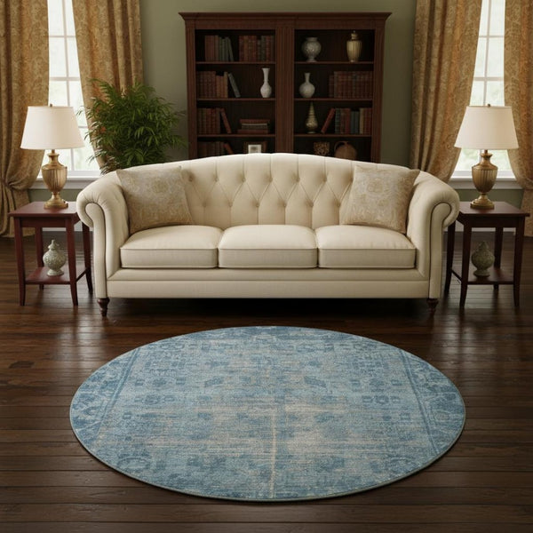 HomeRoots 8' X 8' Blue and Silver Oriental Round Rug - Washable, Stain Resistant, UV Protected for All Spaces 691923