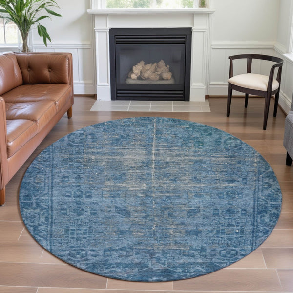 HomeRoots 8' X 8' Blue and Silver Oriental Round Rug - Washable, Stain Resistant, UV Protected for All Spaces 691923