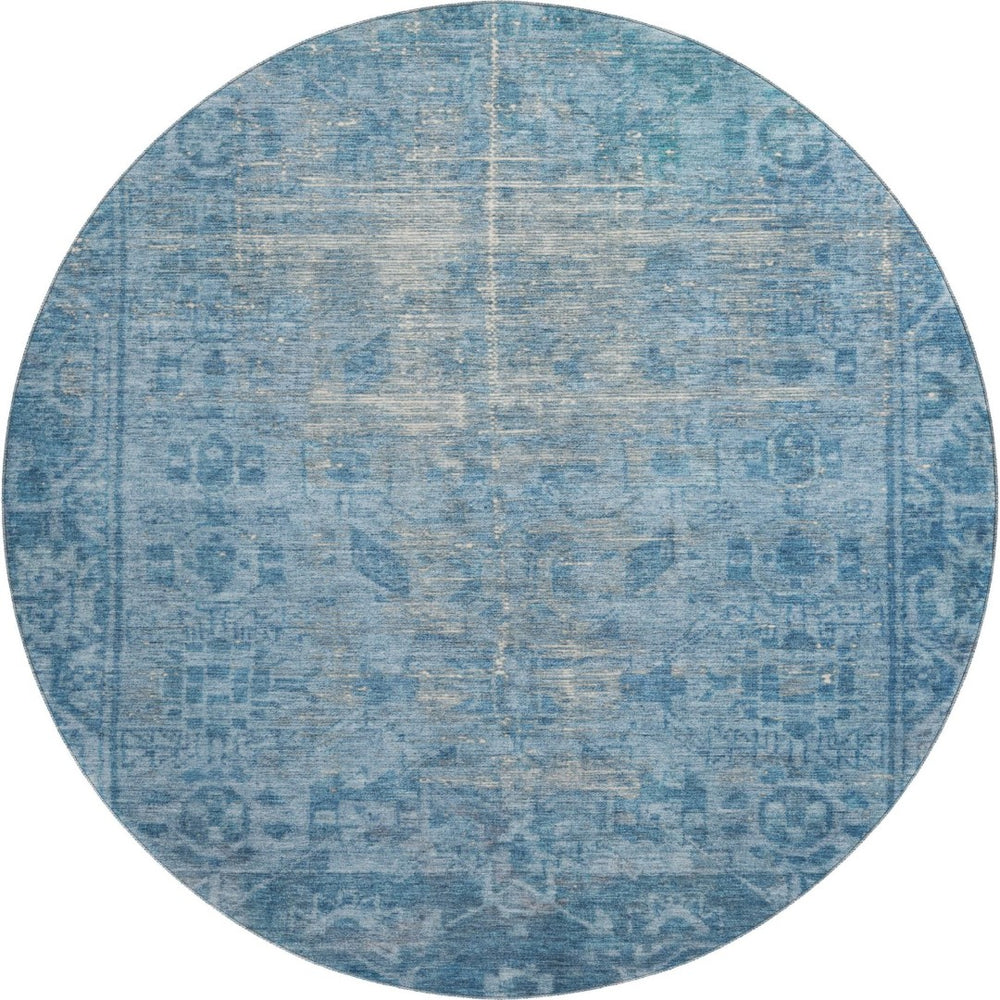HomeRoots 8' X 8' Blue and Silver Oriental Round Rug - Washable, Stain Resistant, UV Protected for All Spaces 691923