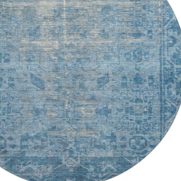 HomeRoots 8' X 8' Blue and Silver Oriental Round Rug - Washable, Stain Resistant, UV Protected for All Spaces 691923