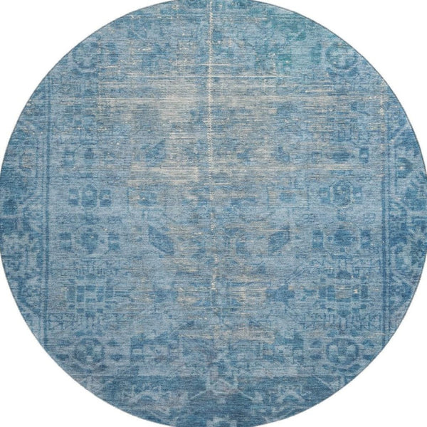 HomeRoots 8' X 8' Blue and Silver Oriental Round Rug - Washable, Stain Resistant, UV Protected for All Spaces 691923
