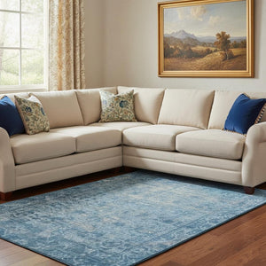 HomeRoots 8' Luxurious Blue and Silver Oriental Washable Area Rug with UV Protection for High-Traffic Rooms 691924