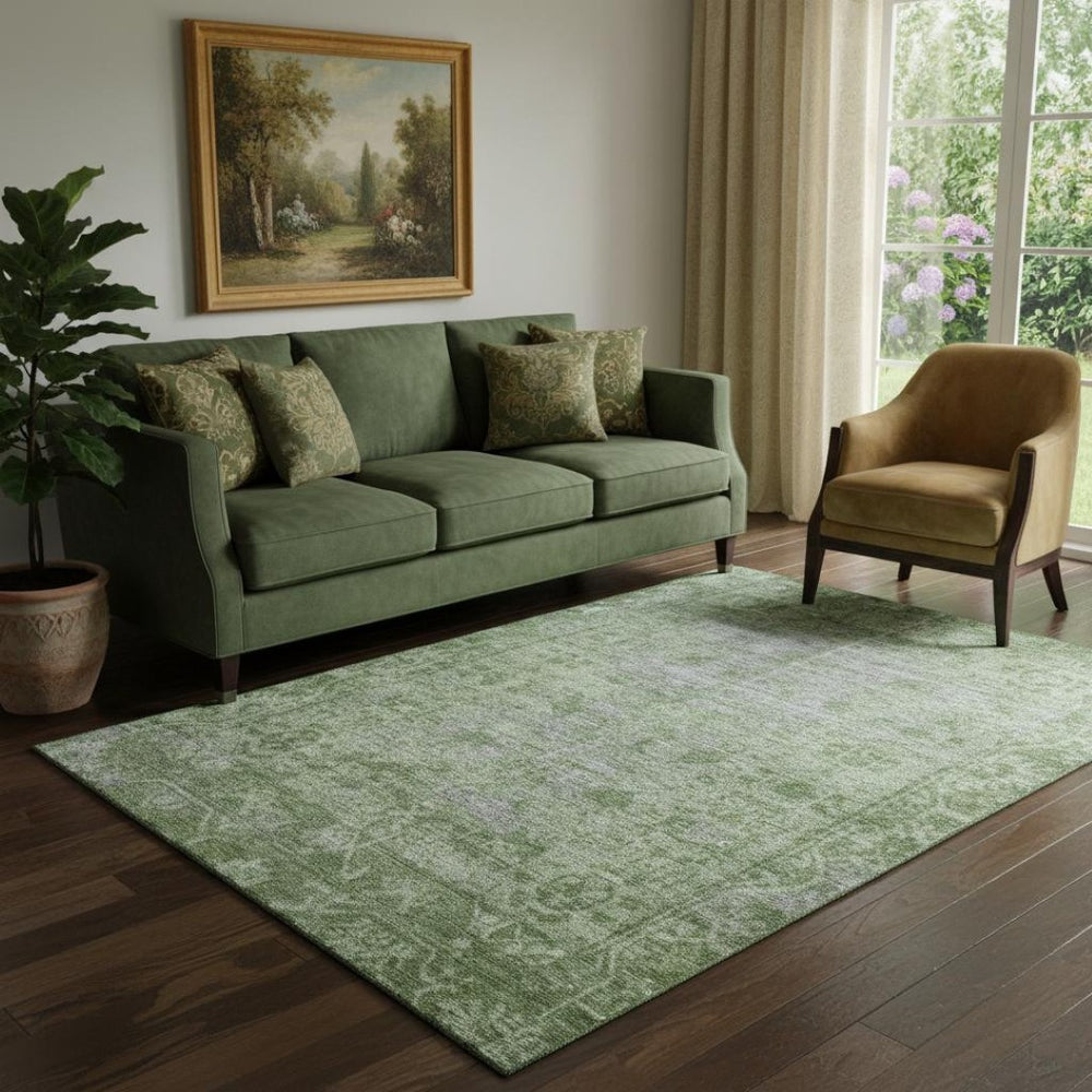 HomeRoots 5' X 8' Fern Green & Silver Oriental Area Rug - Washable, UV Protected, Stain Resistant for Busy Homes 691928