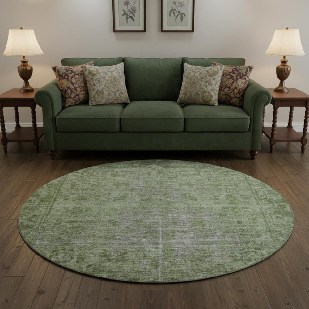 HomeRoots 8' X 8' Fern Green & Silver Oriental Washable Round Rug - UV Protected, Durable & Stylish Home Accent 691929