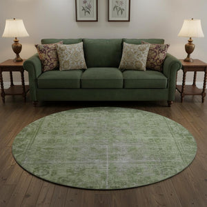 HomeRoots 8' X 8' Fern Green & Silver Oriental Washable Round Rug - UV Protected, Durable & Stylish Home Accent 691929