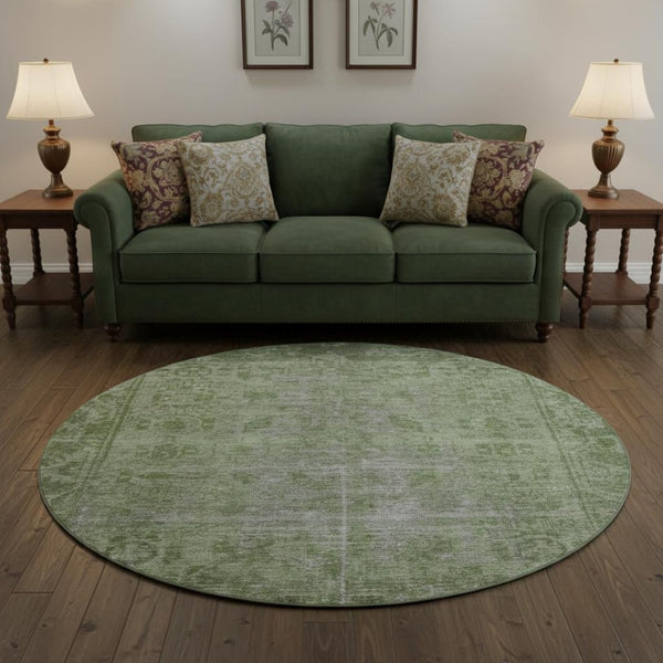 HomeRoots 8' X 8' Fern Green & Silver Oriental Washable Round Rug - UV Protected, Durable & Stylish Home Accent 691929