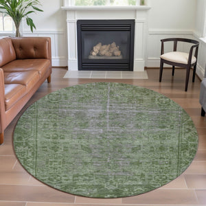 HomeRoots 8' X 8' Fern Green & Silver Oriental Washable Round Rug - UV Protected, Durable & Stylish Home Accent 691929