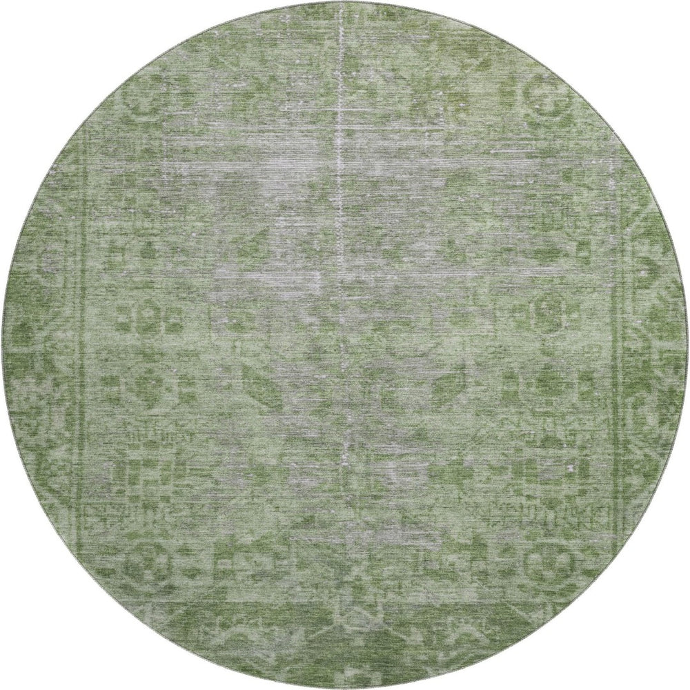 HomeRoots 8' X 8' Fern Green & Silver Oriental Washable Round Rug - UV Protected, Durable & Stylish Home Accent 691929