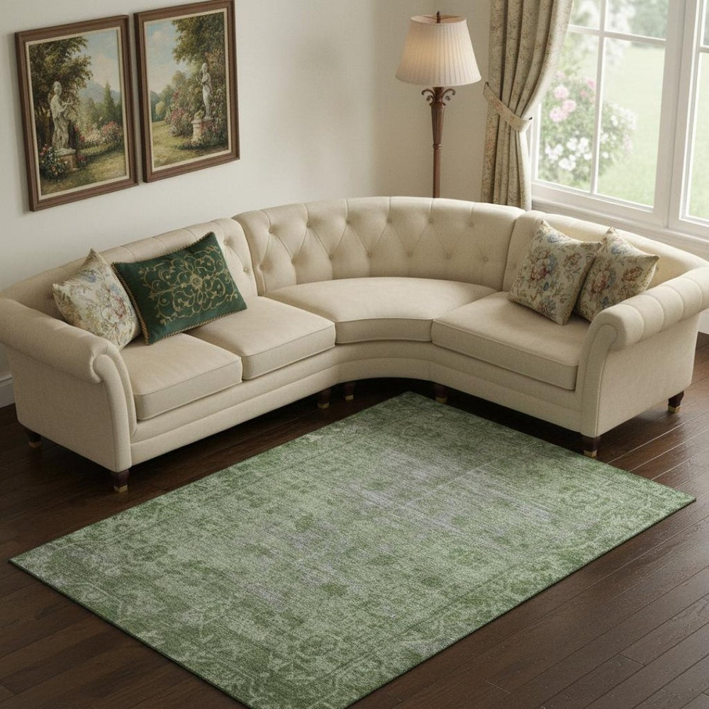 HomeRoots 9' X 12' Elegant Fern Green & Silver Oriental Washable Rug with UV Protection for Busy Homes 691931