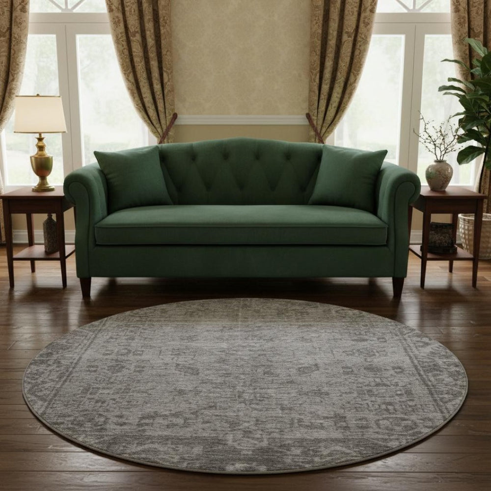 HomeRoots 8' X 8' Gray and Silver Oriental Round Rug - Washable, UV-Protected, Perfect for High-Traffic Areas! 691935