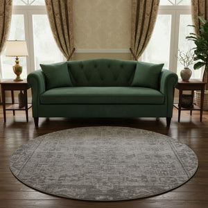 HomeRoots 8' X 8' Gray and Silver Oriental Round Rug - Washable, UV-Protected, Perfect for High-Traffic Areas! 691935