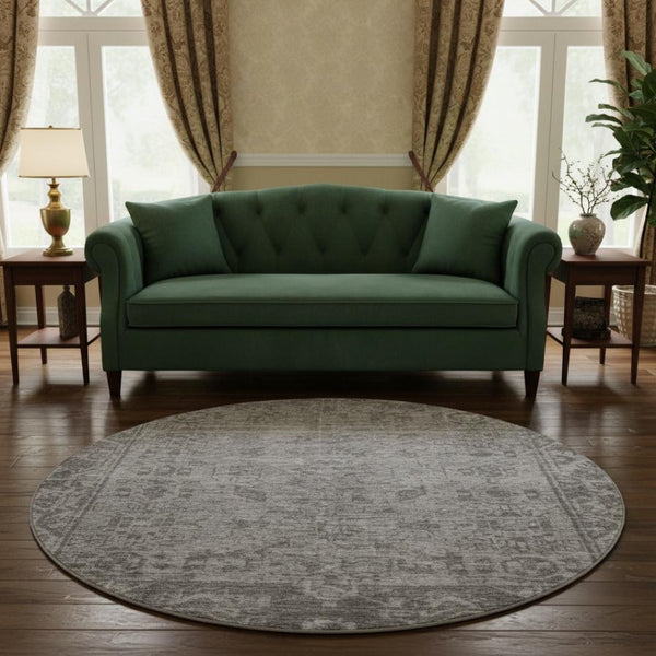 HomeRoots 8' X 8' Gray and Silver Oriental Round Rug - Washable, UV-Protected, Perfect for High-Traffic Areas! 691935
