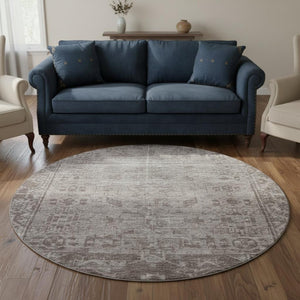 HomeRoots 8' X 8' Coffee and Silver Washable Oriental Round Rug with UV Protection for Timeless Elegance 691947