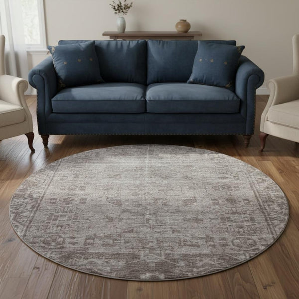 HomeRoots 8' X 8' Coffee and Silver Washable Oriental Round Rug with UV Protection for Timeless Elegance 691947