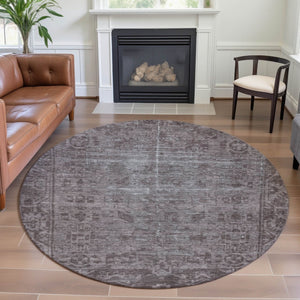 HomeRoots 8' X 8' Coffee and Silver Washable Oriental Round Rug with UV Protection for Timeless Elegance 691947