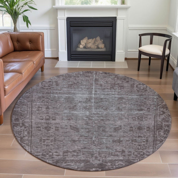 HomeRoots 8' X 8' Coffee and Silver Washable Oriental Round Rug with UV Protection for Timeless Elegance 691947