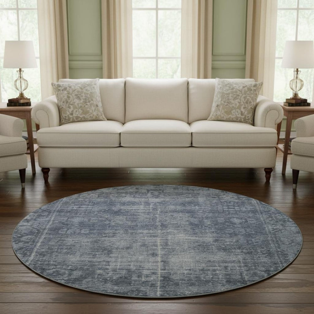HomeRoots 8' Round Navy Blue & Silver Oriental Washable Rug - UV Protected, Stain Resistant, Perfect for Homes 691953