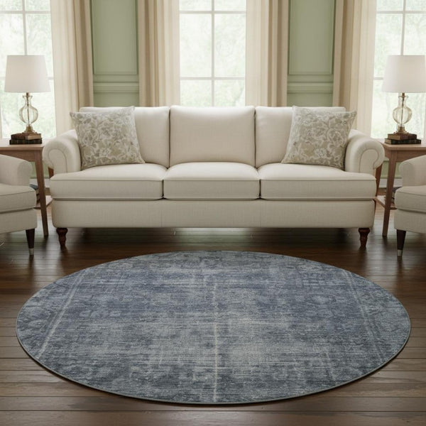 HomeRoots 8' Round Navy Blue & Silver Oriental Washable Rug - UV Protected, Stain Resistant, Perfect for Homes 691953