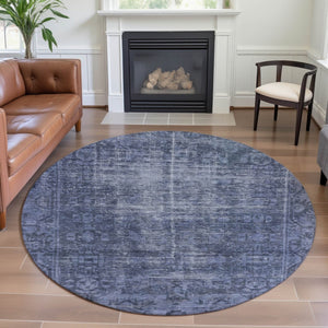 HomeRoots 8' Round Navy Blue & Silver Oriental Washable Rug - UV Protected, Stain Resistant, Perfect for Homes 691953