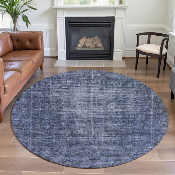 HomeRoots 8' Round Navy Blue & Silver Oriental Washable Rug - UV Protected, Stain Resistant, Perfect for Homes 691953