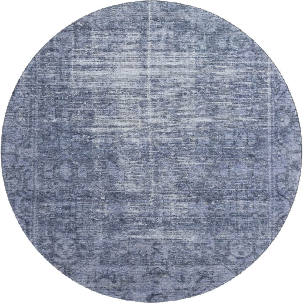 HomeRoots 8' Round Navy Blue & Silver Oriental Washable Rug - UV Protected, Stain Resistant, Perfect for Homes 691953