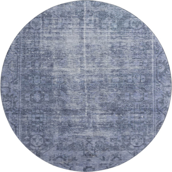 HomeRoots 8' Round Navy Blue & Silver Oriental Washable Rug - UV Protected, Stain Resistant, Perfect for Homes 691953