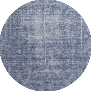 HomeRoots 8' Round Navy Blue & Silver Oriental Washable Rug - UV Protected, Stain Resistant, Perfect for Homes 691953