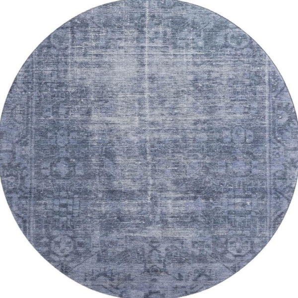 HomeRoots 8' Round Navy Blue & Silver Oriental Washable Rug - UV Protected, Stain Resistant, Perfect for Homes 691953