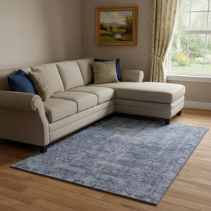 HomeRoots 8' Navy Blue and Silver Oriental Area Rug – Washable, Stain Resistant, UV Protected for Stylish Durability 691954