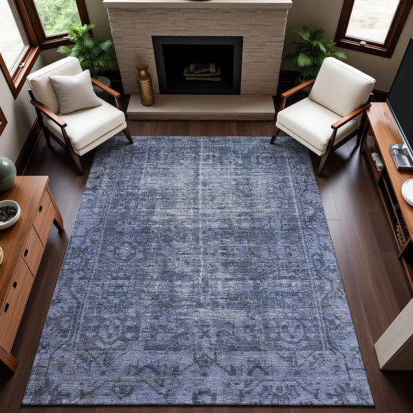 HomeRoots 9' X 12' Navy Blue & Silver Oriental Area Rug – Durable, Stain Resistant, UV Protected for Homes 691955