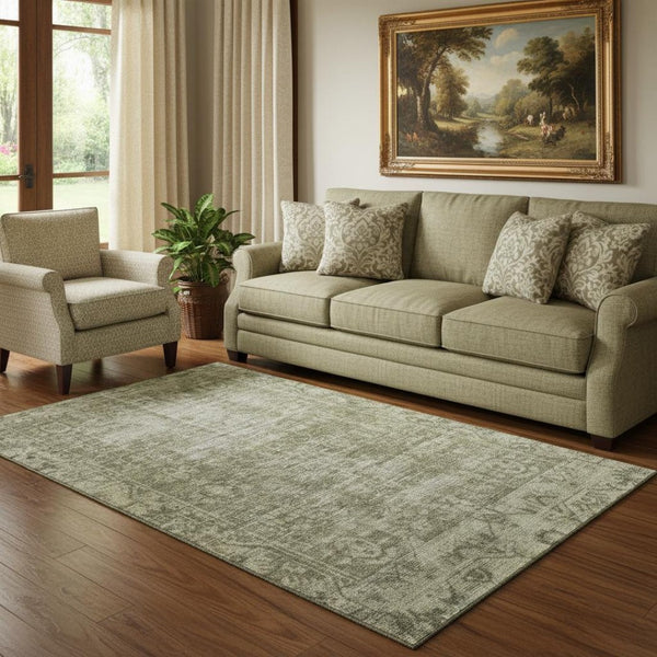 HomeRoots 5' Stylish Olive Green & Silver Oriental Washable Area Rug with UV Protection for Busy Homes 691958