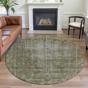 HomeRoots 8' X 8' Olive Green & Silver Oriental Washable Round Rug - Durable, UV-Protected, Stylish Design! 691959