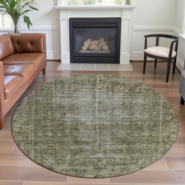 HomeRoots 8' X 8' Olive Green & Silver Oriental Washable Round Rug - Durable, UV-Protected, Stylish Design! 691959