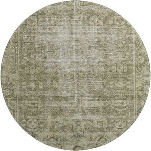 HomeRoots 8' X 8' Olive Green & Silver Oriental Washable Round Rug - Durable, UV-Protected, Stylish Design! 691959