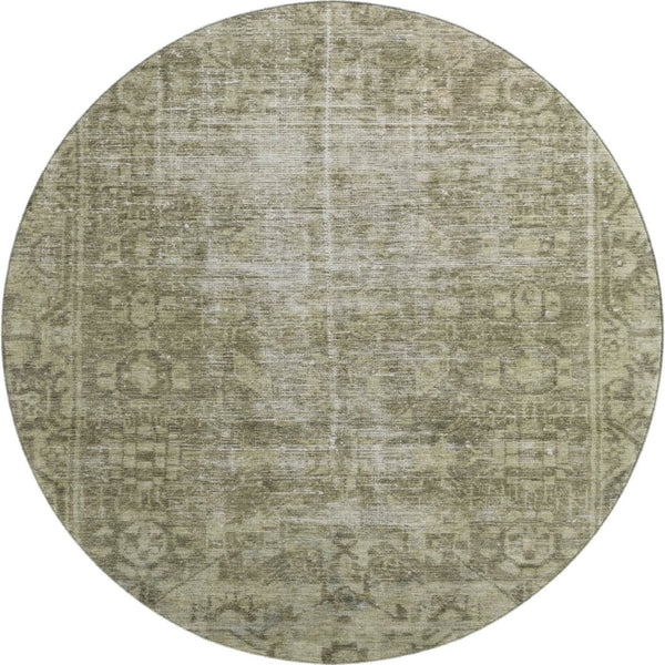 HomeRoots 8' X 8' Olive Green & Silver Oriental Washable Round Rug - Durable, UV-Protected, Stylish Design! 691959